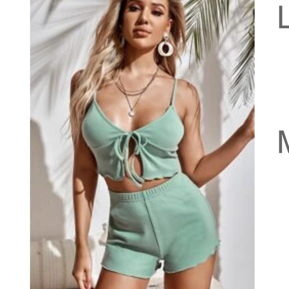 Blue / Green Tie Front Lounge / Pajama Set - Picture 5 of 5